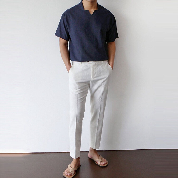Fashion Trousers Stretch Cotton Linen Slim Breathable Business Men'S Suit Pants For Men