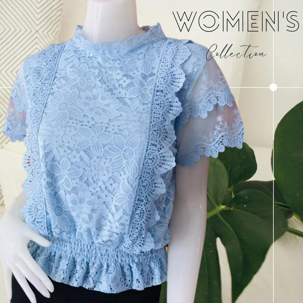 เสื้อลูกไม้ แบบสุภาพ สีฟ้า แขนกุดระบายรอบอก ใส่สบายมีซับในทั้งตัว รอบอก 38-40 สีฟ้า