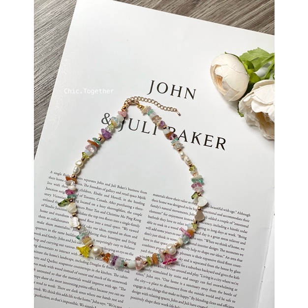 🌷🌼N e w  สร้อยคอรุ่น floral หินคริสตัลคละสีหวานพาสเทล สลับมุกน้ำจืดและหัวใจเปลือกหอย มีจี้รูปเห็ดสีชมพู และจี้ดอกไม้ - รูปที่ 2