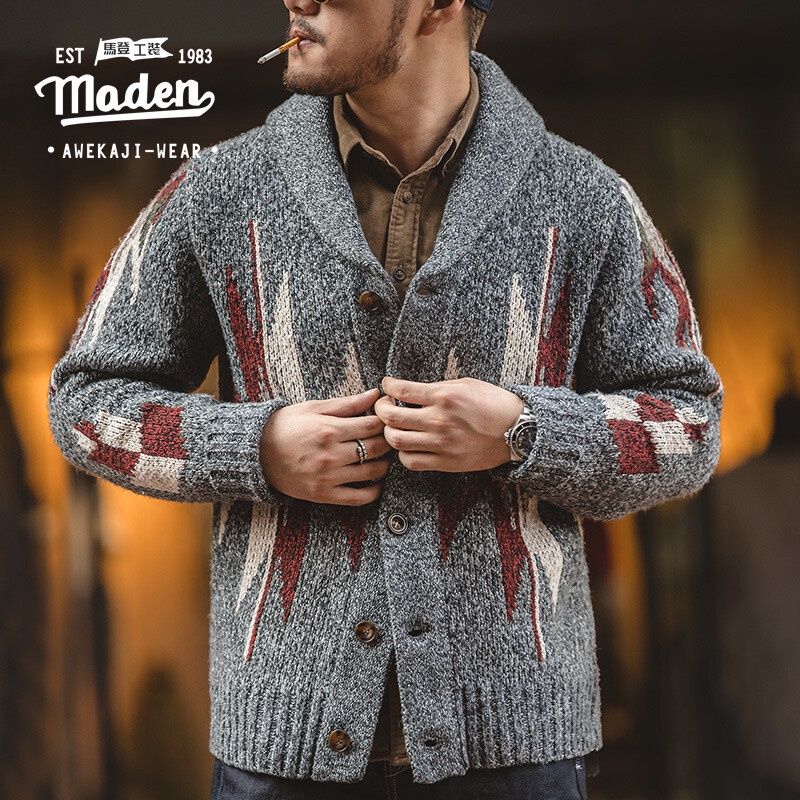 Maden workwear American style cardigan with a top up collar and thick knit sweater jacket