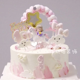 HD วันเกิดเค้ก Topper สีฟ้าสีชมพู Arch Hairball ตกแต่งงานแต่งงานครบรอบขนมหวาน Topper Party Supplies