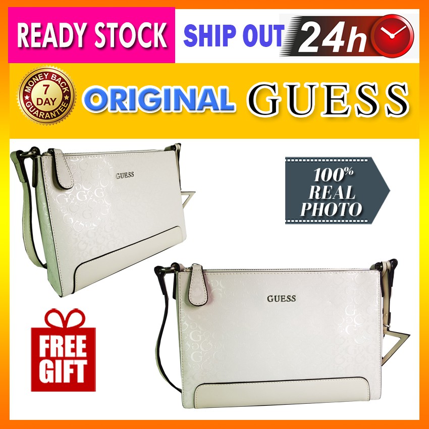 ของแท้ Guess Signature Logo Crossbody Sling Bag กระเป๋าสะพาย Beg Kulit Wanita 女士单肩包 (Off-White) GS15