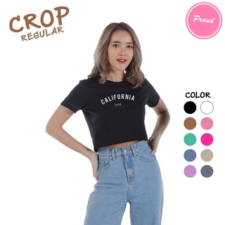 เสื้อครอป CROP คอกลม เอวลอย แขนสั้น ลายมินิมอล California น่ารัก เอิร์ทโทน ผ้า COTTON 100%