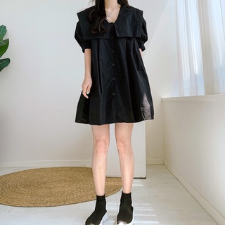 ชุดเดรสสั้นคอปกสีพื้น เดรส Oversize แขนตุ๊กตา