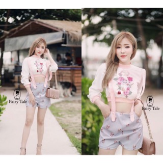 set เสื้อแขนยาวแขนขอบจั้ม พิมลายน้องแมว +เอี้ยมกางเกงขาสั้นพิมลายสวย เอี้ยมถอดได้คุ้มสุดๆ