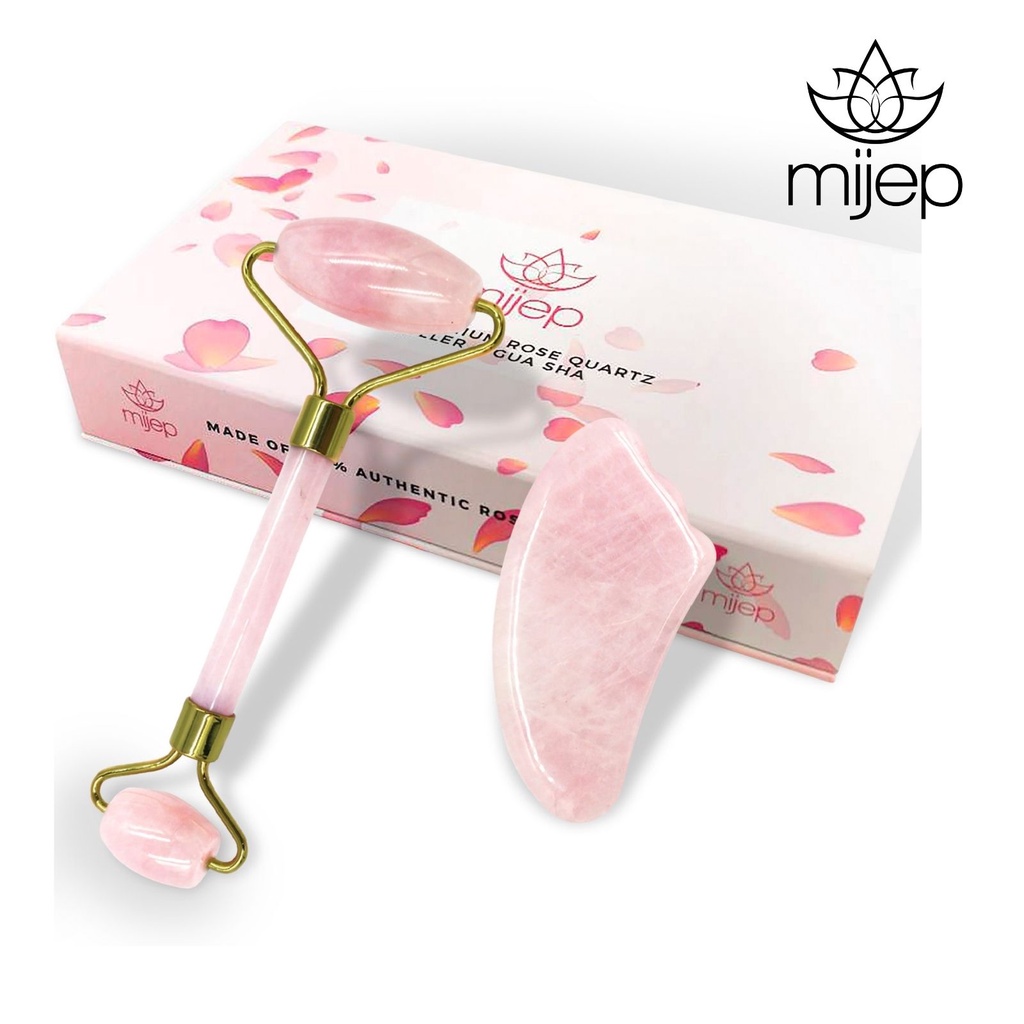 MIJEP Rose Quartz Roller & Gua Sha - Natural Stone Facial GuaSha and Face Massager Tools.
