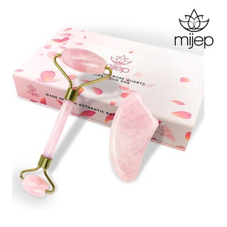 MIJEP Rose Quartz Roller &amp; Gua Sha - Natural Stone Facial GuaSha and Face Massager Tools.  (Jade Roller Alternative)