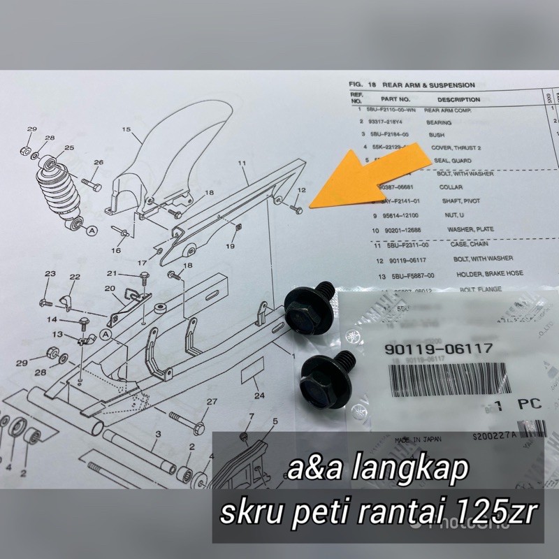 SKRU PETI RANTAI 125zr/BOLT PETI RANTAI 5bu/125z/125zr/y125zr