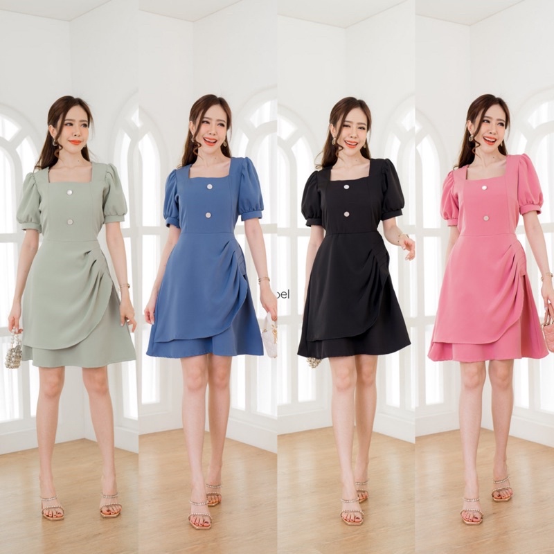 C76เดรสคอเหลี่ยมแขนตุ๊กตาติดกระดุม ดีเทลจับจีบข้างกระโปรง เนื้อผ้าบาร์บี้ มีซิปหลัง