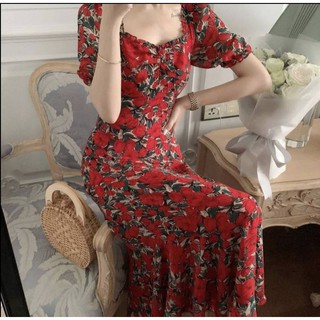 พร้อมส่ง**เดรสลายดอกสีดอก งายป้ายนำเข้า ซิปหลัง แขนตุ๊กตา
