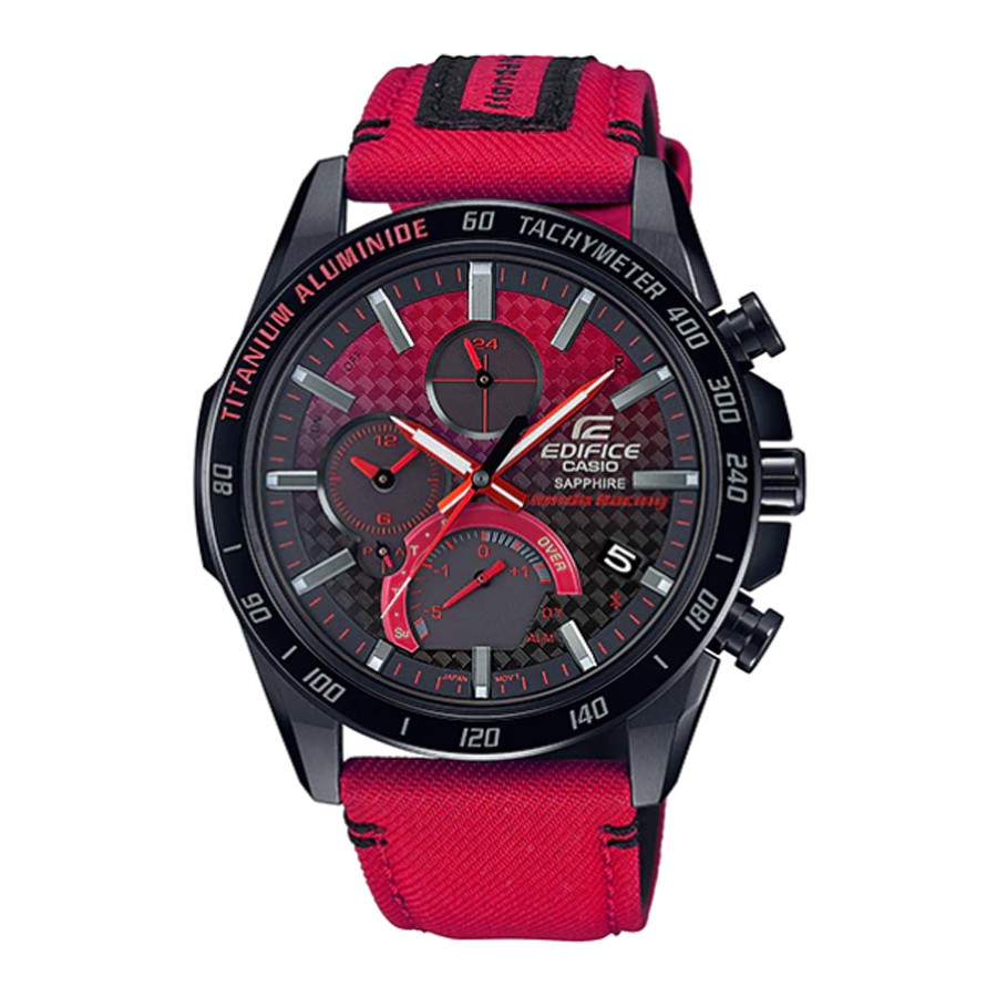 Casio Edifice นาฬิกาข้อมือผู้ชาย สายหนังแท้/ผ้า รุ่น EQB-1000,EQB-1000HRS,EQB-1000HRS-1A (CMG) - สีดำ/แดง