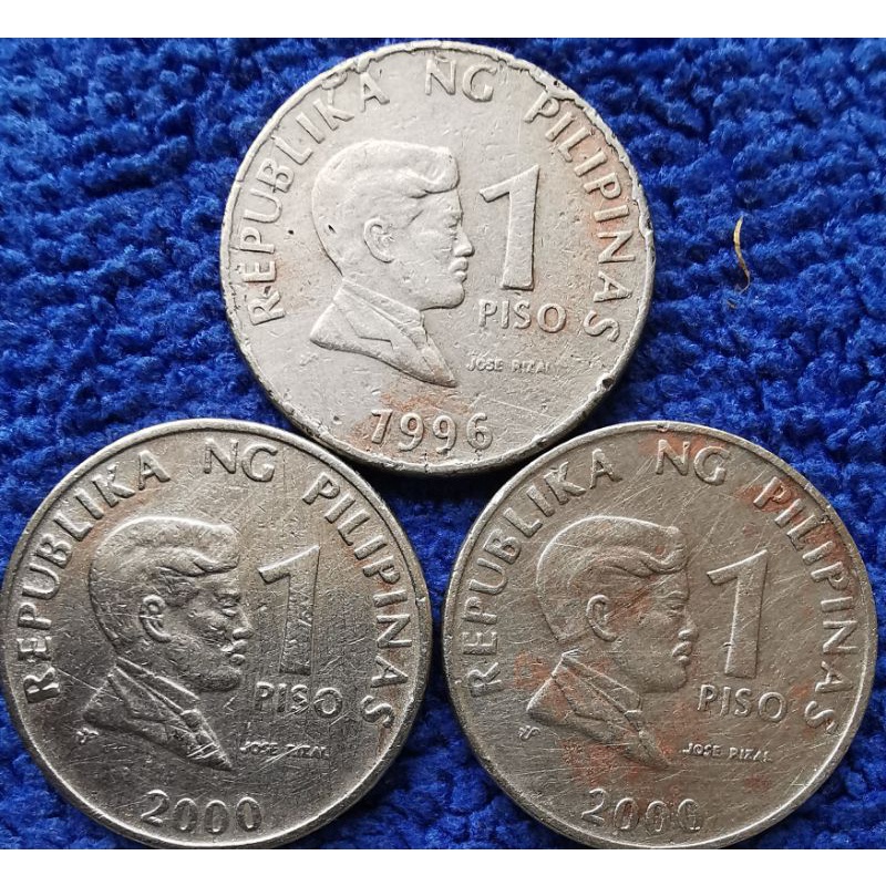 เหรียญ​ฟิลิปปินส์​ Philippines, 1 Piso​, รวม 3 เหรียญ​ 10 บาท, #​1807, ใช้แล้ว ไม่สวย