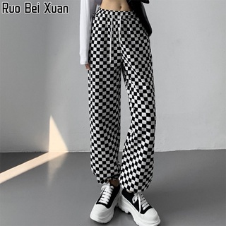 Ruo Bei Xuan กางเกงขากว้างลายสก๊อตเอวสูงทรงหลวมสำหรับผู้หญิง