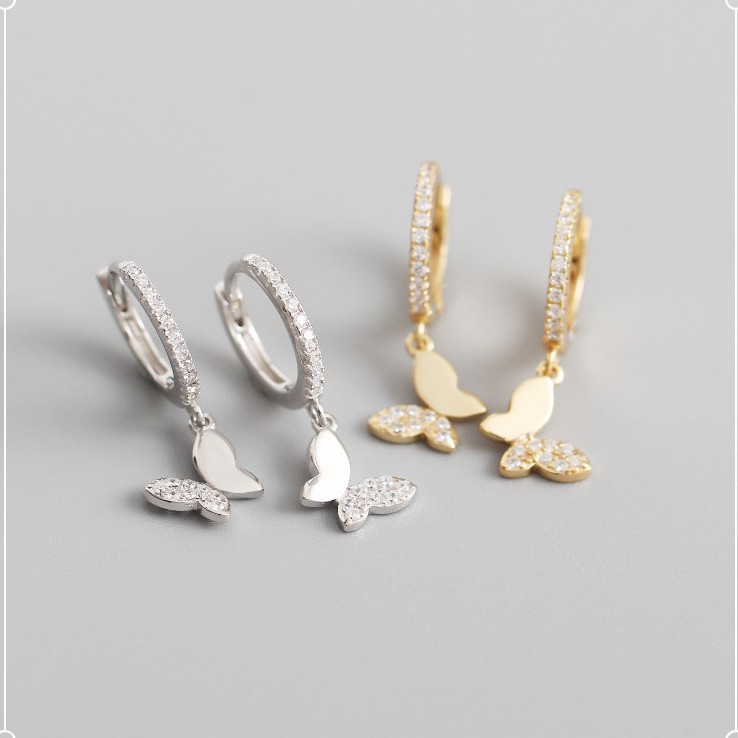 (silver 925)ต่างหูห่วงเพชรเงินแท้** ห้อยผีเสื้อ** หนา 1.5 mm. ขนาดวงใน 9 mm