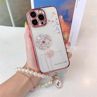 เคสโทรศัพท์มือถือแบบนิ่ม TPU ใส ลายดอกไม้ ดอกแดนดิไลออน ประดับเพชร ระยิบระยับ พร้อมสายคล้องไข่มุก หรูหรา สําหรับ iPhone 11 12 13 Pro Max X XR XS 7 8 Plus