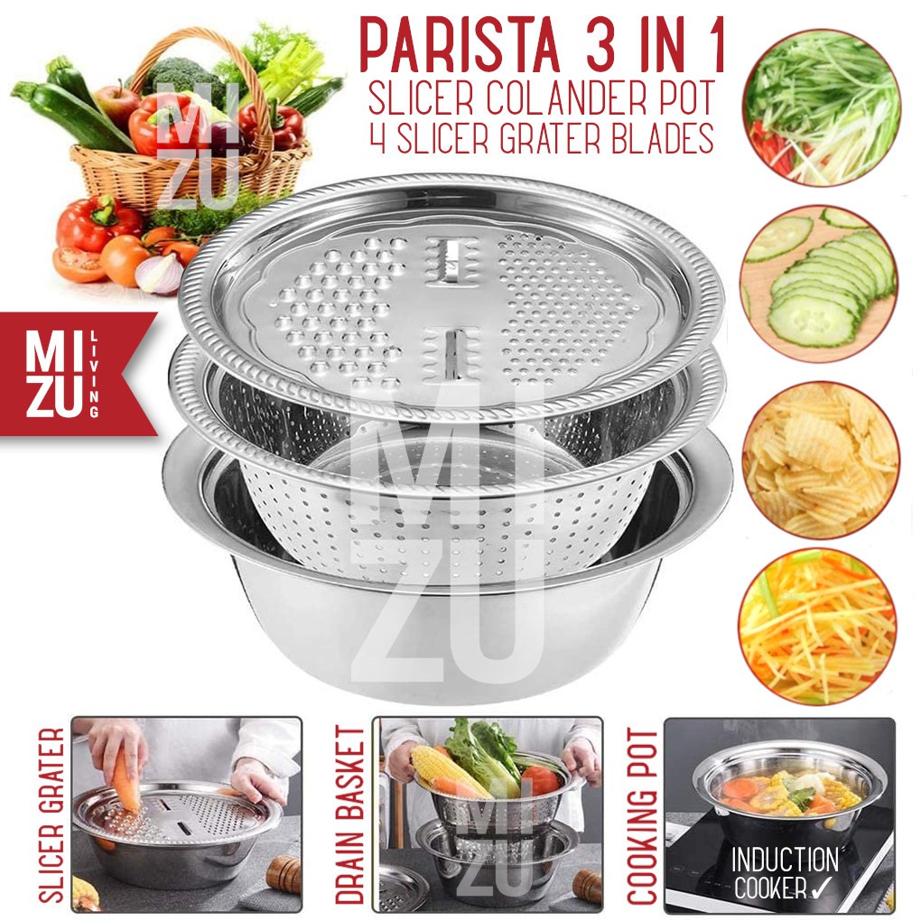 MIZU PARISTA 3in1 เครื่องตัดผักกระชอนชามอ่างล้างหน้าเครื่องตัดกรองเครื่องขูดผักสแตนเลส