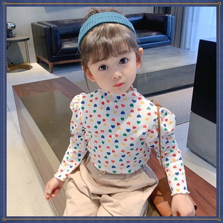 พร้อมส่ง เสื้อยืดแขนยาว พิมพ์ลายหัวใจ สไตล์เกาหลี แฟชั่นฤดูใบไม้ร่วง สําหรับเด็กผู้หญิง
