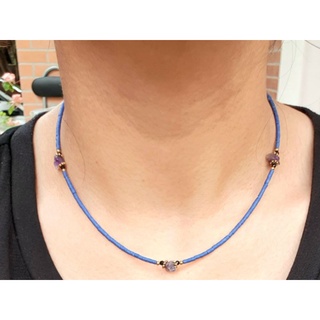 สร้อยคอ หินลาพิสลาซูลี่ ประดับด้วย อเมทิสต์ และ นิลดำ ความยาว 40-45 cm Lapis lazuli Necklace Amethyst &amp; Black Spinel