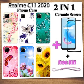 2 IN 1 Realme C11 2020 เคสโทรศัพท์ พร้อมกระจกนิรภัย เซรามิค ป้องกันหน้าจอ โค้ง ฟิล์มนิรภัย ผีเสื้อ