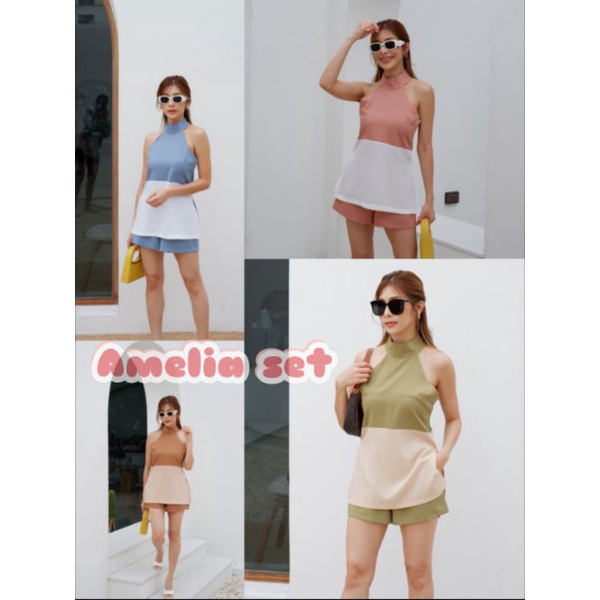 Ameliaset  set ชุดเซททูโทนขาสั้นเสื้อแขนกุด ป้ายINTUON
