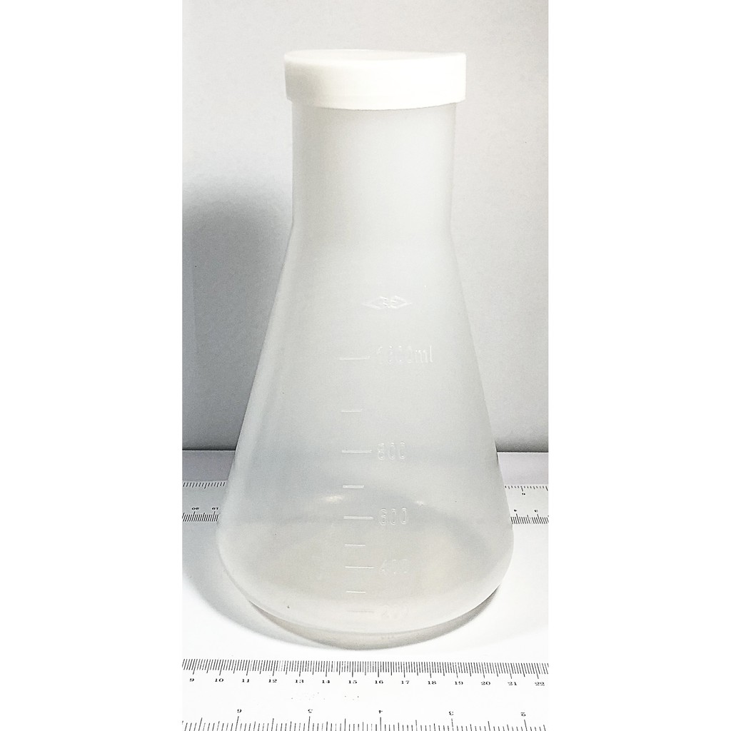 ขวดรูปชมพู่ พลาสติก มีขีดสเกล พร้อมฝาเกรียว ขนาด 1000ml Plastic Erlenmeyer Flask with Scale (PP)