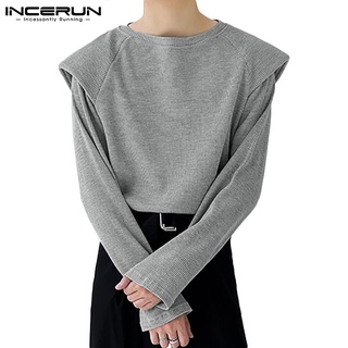 Incerun เสื้อลําลอง แขนยาว เปิดไหล่ บุนวม ทรงหลวม สีพื้น แฟชั่นสําหรับผู้ชาย