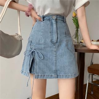 Retro lace split denim skirt women summer 2020 new high waist A-line skirt