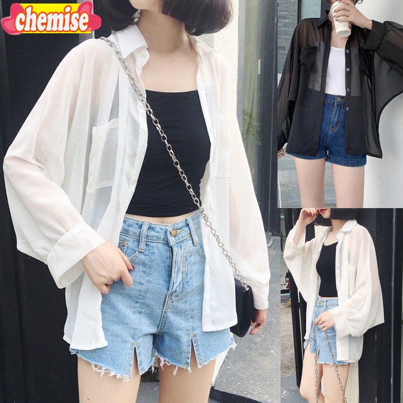 Chemisegrace พร้อมส่ง เสื้อเชิ้ตแขนยาวสีขาว เสื้อซีฟองฤดูร้อนผู้หญิง มีกระดุม กระเป๋าหน้า เกาหลี New"