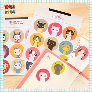 muikids  🎨🐱 9บาท!! Cat Illust Sticker สติ๊กเกอร์กลมหน้าแมว 🐱🎨 สติ้กเกอร์กันน้ำ ลอกออกยาก