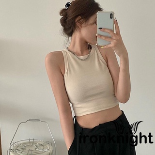 Ironknight- เสื้อกั๊กสั้น คอกลม สีพื้น สําหรับผู้หญิง