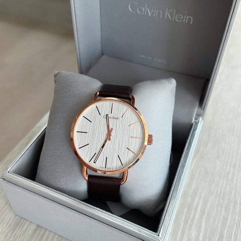 นาฬิกาชาย Calvin klein even silver brown leather watch หน้าปัดกลม ขนาด 42mm สายหนังสีน้ำตาล