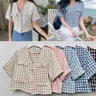 Hello Shop:เสื้อครอปแขนสั้น ผ้าทวิตแต่งเบิ้ลแขน