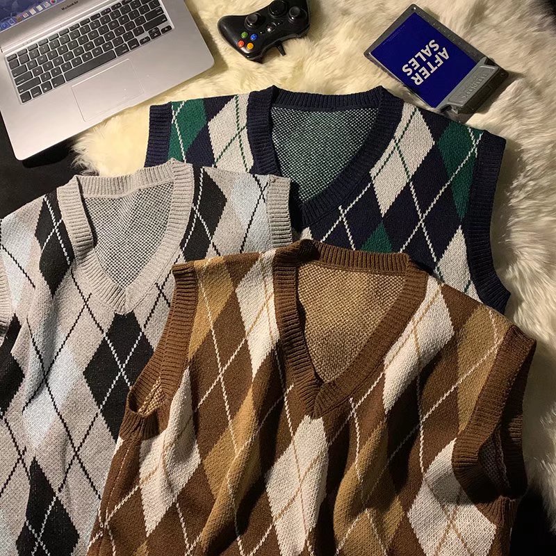 เสื้อกั๊กถักชายหญิงคู่เสื้อสวมหัวหลวมฤดูใบไม้ร่วงฤดูหนาวย้อนยุคเพชรตรวจสอบด้านนอกด้านบนเสื้อกันหนาวเสื้อกั๊กสวมใส่ด้านนอก