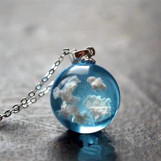 Blue Sky White Cloud Chain Pendant Necklace /  Transparent Round Ball Shaped Resin Necklace / Blue Glass Ball Beautiful Jewelry Necklace for Women Fashion Jewelry