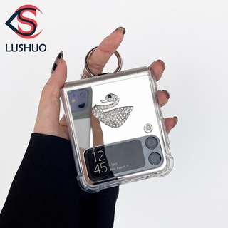 Lushuo เคสโทรศัพท์มือถือ แบบกระจกแต่งหน้า ลายหงส์ พร้อมแหวนขาตั้ง สําหรับ Samsung Galaxy Z Flip 3 5G and Z Flip 1 2 4 Z Flip3 ZFlip3 ZFlip 3 Z Flip4 ZFlip 4 Z Flip1 Z Flip2