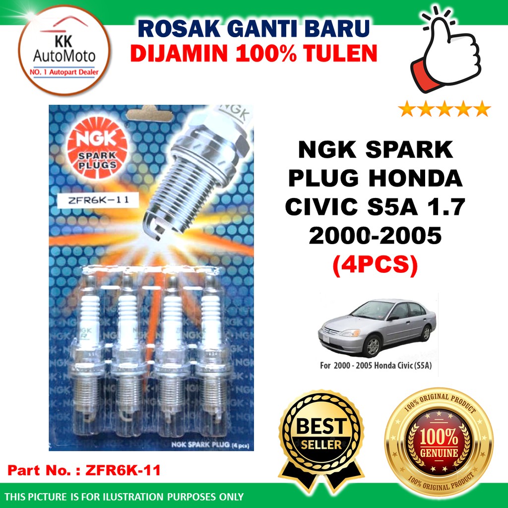 หัวเทียน NGK Honda Civic S5A 1.7 2000-2005 (4 ชิ้น) - ZFR6K-11