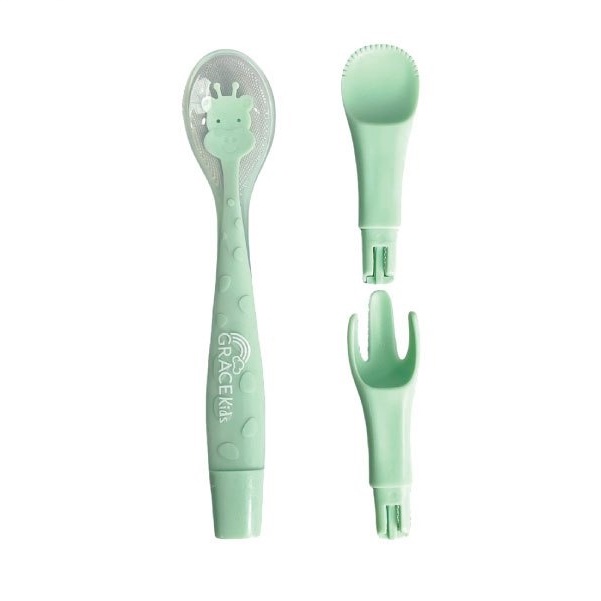 Grace Kids ช้อนป้อนอาหารเด็กซิลิโคน 3-in-1 | เปลี่ยนหัวได้ 3 แบบ พร้อมกล่องเก็บ | Food Grade ปลอดภัย
