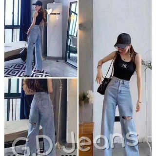 G.D.Jeans รุ่น 9939 #กางเกงยีนส์ผ้าด้านทรงกระบอกใหญ่ทรงใส่สบายสีชิดมีแต่งขาดหน้าหลัง