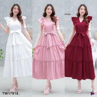 TT17918 เดรสคอวีไหล่ระบาย ผูกเอว V-neck dress, ruffled shoulders, tied at the waist..