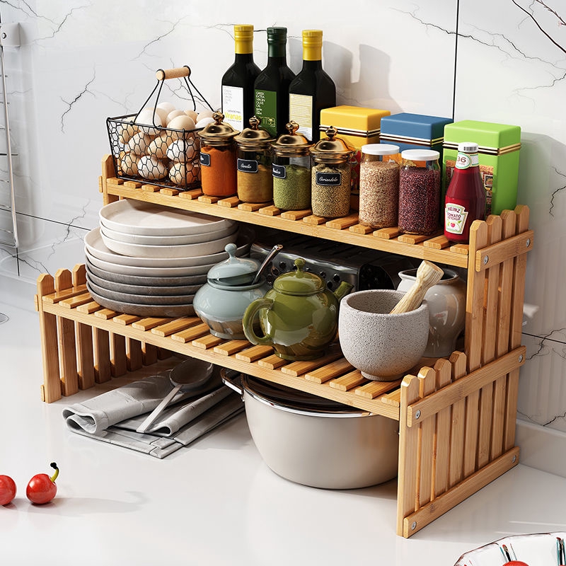 Bamboo Rack Organizer Kitchen Spice Rack Condiments Organizer 2Tier