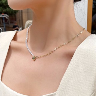 Faux Pearl Decor Necklace Heart Charm สร้อยคอมุกโซ่