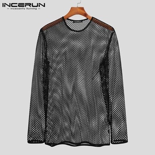 Incerun แฟชั่นเสื้อท็อปแขนยาวสลิมฟิตผ้าตาข่ายซีทรูสําหรับผู้ชาย