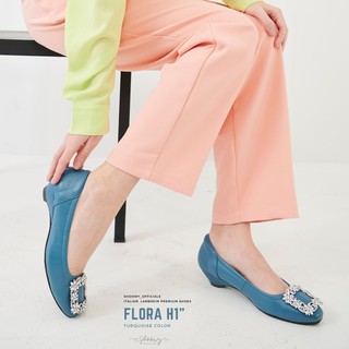 รองเท้าหนังแกะ รุ่น Flora heel 1" Turquiose color (สีฟ้าน้ำทะเล)