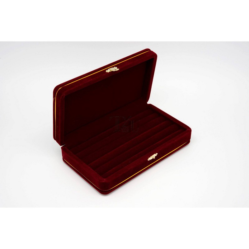 กล่องกำมะหยี่ คิ้วทอง ชุดเครื่องประดับ 2 ชั้น 4.5x7.5 นิ้ว สีเลือดหมู