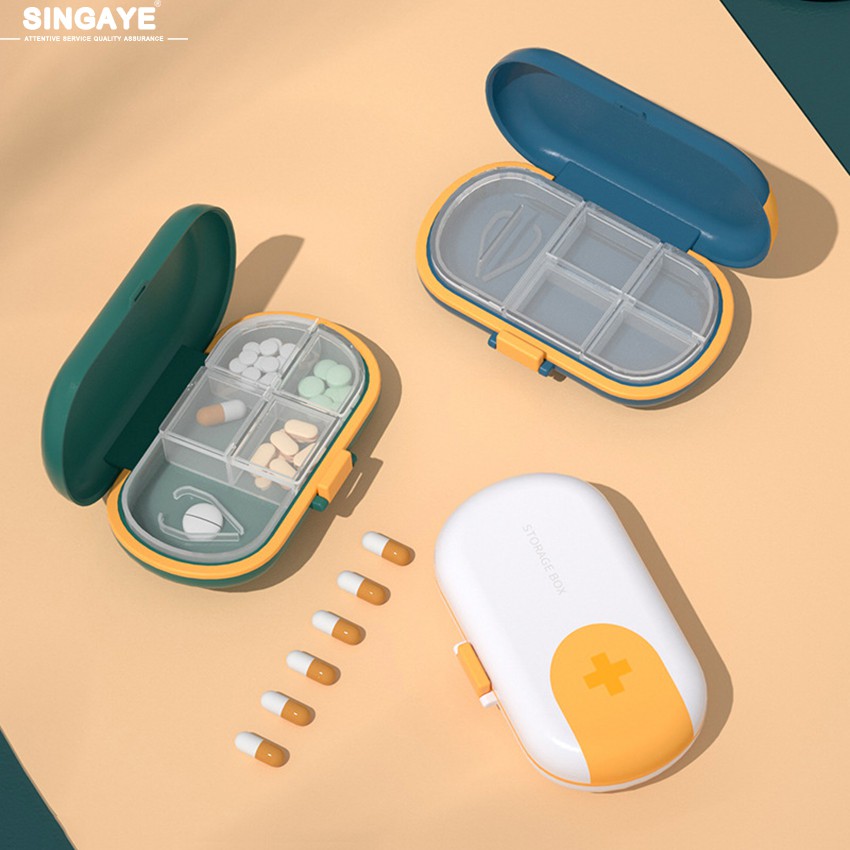 singaye ตลับยา พร้อมที่ตัดยา กล่องเก็บยา ตลับใส่ยาพกพา กล่องใส่ยา ตลับยาพกพา กล่องยากันน้ำ มีช่องแบ่ง 4 ช่อง กล่องยา