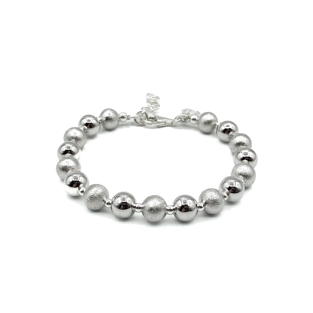 DSP สร้อยข้อมือเงินร้อยสลับเม็ดประคำพ่นทราย ชุบทองคำขาว เงินแท้ 92.5% : 925 Sterling Silver Beads Bracelet [CPK0005]