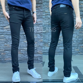 JEANSEXPRESS Skinny Black Denim กางเกงยีนส์ยืดชาย สีดำ ทรงสลิมฟิต เป้ากระดุม ป้ายหนังแท้ Size 28-42 รับชำระปลายทาง