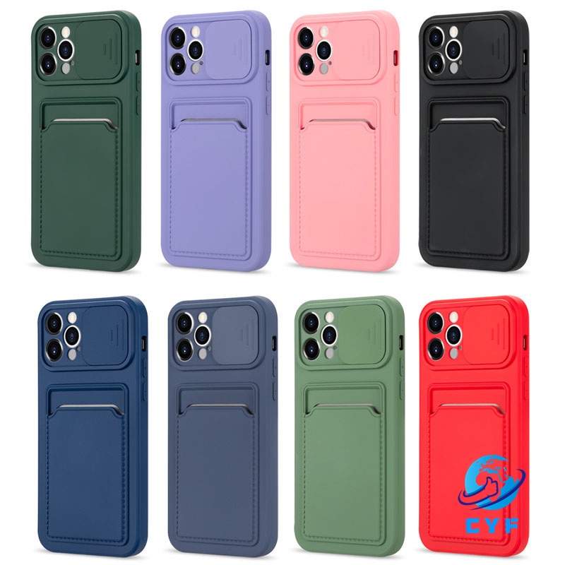 เคส iPhone 15 14 13 12 Pro Max i13 i12 Pro พร้อมที่ใส่การ์ดและฝาครอบป้องกันกล้องแบบกดดึงแบบเลื่อนพร้อมช่องเสียบบัตรเครดิต ID ปลอกนุ่มกันกระแทก