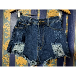 กก.ยีนส์ขาสั้น สีเข้ม แต่งขาด ซิปหน้า Big bank jeans 119-100 เอว26-27 สพ.34 ยาว12