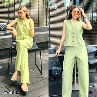 TW16482 Linen Shirt Sleeveless Set เซทเสื้อเชิ้ตแขนกุด คอวี แต่งกระเป๋าหลอก + กางเกงขายาวทรงสวย ด้านหน้าใส่กระดุมและซิป